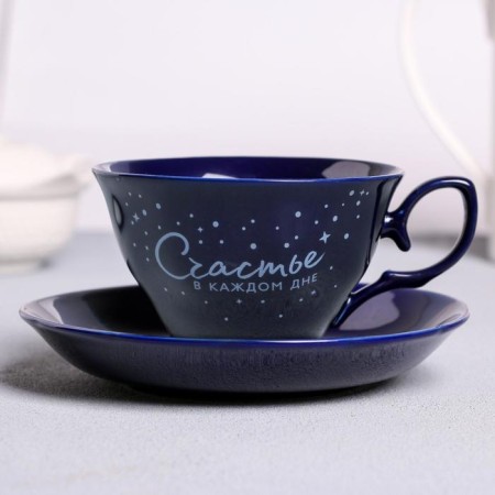 Tea couple ceramic “Happiness in every day”, 250 ml, blue color