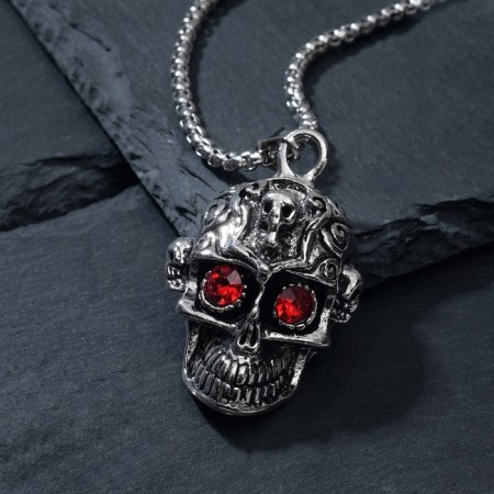 The pendant "Skull with patterns" bright eyes, red color in black silver, 70 cm-4