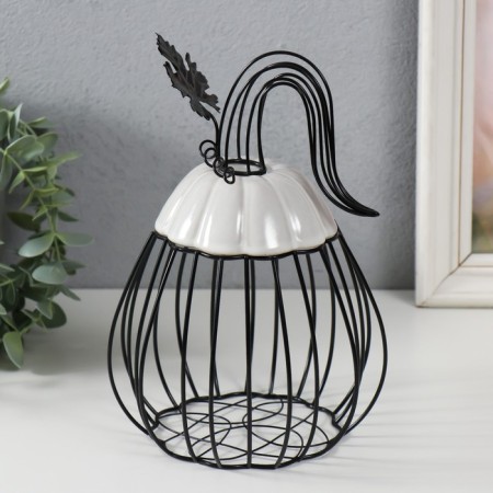 Vazon Metal souvenir, ceramics "Pumpkin with a leaf" Black with white 14.3x14.3x21 cm-1