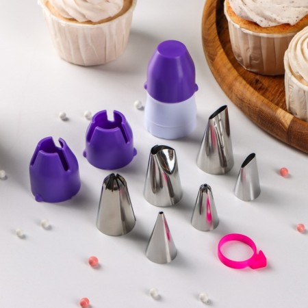 Set of confectionery share, 10 items: nozzles 6 pcs, adapter with a cap, 2 adapters, clamp for a bag