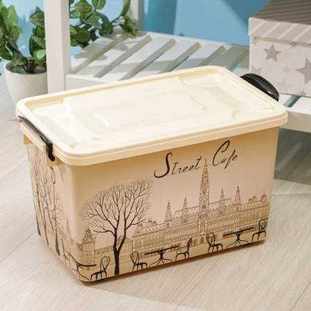 Storage container with a street cafe lid, 35 l, 50.5 × 31.5 × 28 cm, on wheels, ivory color
