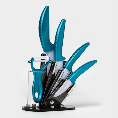 Kitchen kit on the stand “bend”, 5 items: 4 knife, 7.5 cm, 10 cm, 13 cm, 15 cm, vegetable facial, blue color