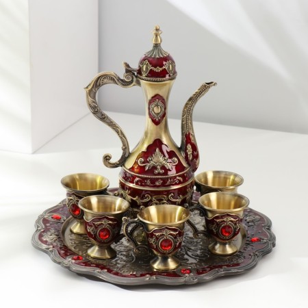 Set of tea jug, 6 glasses and tray "Istanbul. Roses and patterns" red with gold