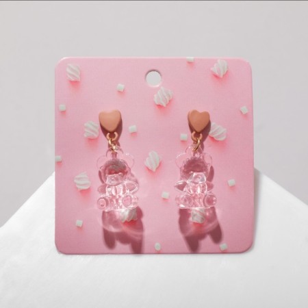 Earrings plastic "bears" with hearts, pink color in gold-1