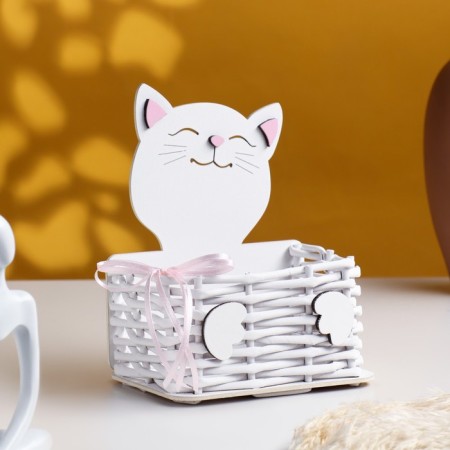 Basket wicker from the vine "cat" 12.5x9x16.5 cm MDF, white-pink