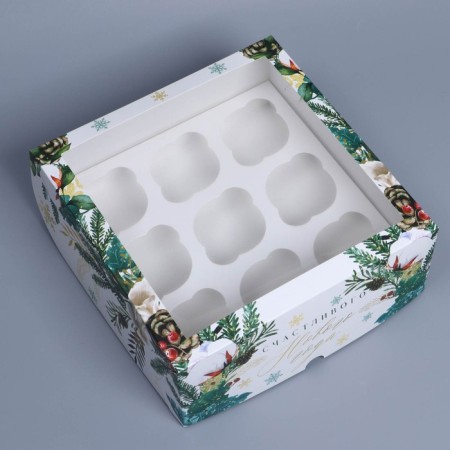 Folding box for 9 cupcakes with a “Happy New Year” window, 25 x 25 x 10 cm, New Year-2
