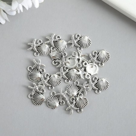 Connector Metal for creativity 2 ears "shell and sea star" silver 1.8x1.4 cm-1