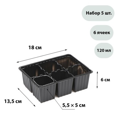 Cassette for seedlings, 6 cells of 120 ml, set of 5 pcs., Black