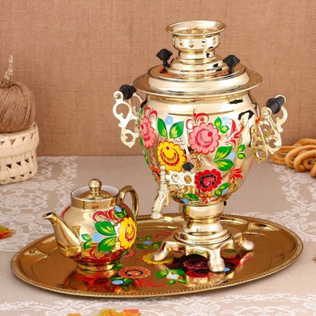 Set "Flowers in Gold", Acramus, 3 objects, a samovar 3 l, a teapot 0.7 l, tray-12