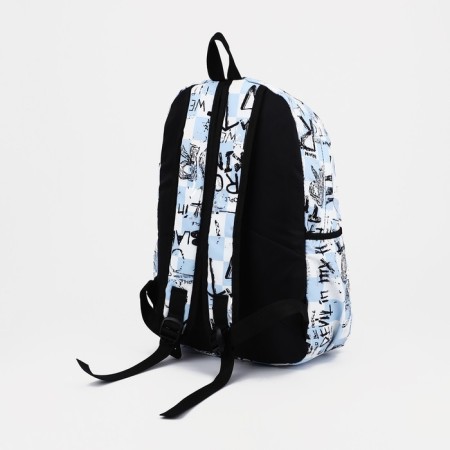 A backpack with a zipper, 3 outer pockets, blue/white color-1