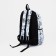 A backpack with a zipper, 3 outer pockets, blue/white color