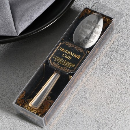 A teaspoon spoon with an engraving “beloved son”, in a gift box, 3 x 14 cm.-1