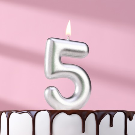 Candle in the Cake "European", number "5", 6 cm, silver