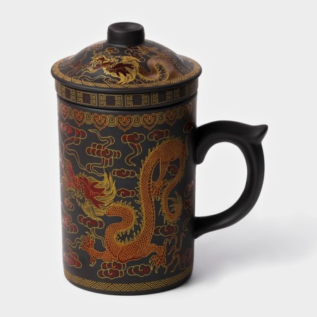 Ceramic mug with a lid and sieve "Golden Dragon", 350 ml