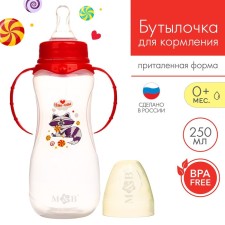 A bottle of feeding “Raccoon Tobby”, a classic throat, a fitted shape, with handles, 250 ml., 0 months, red red color