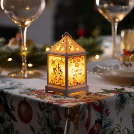 LED figure "White Lantern with Bullfinaries" 6.3 × 12 × 6.3 cm, plastic, batteries AG13x3, glow warm white