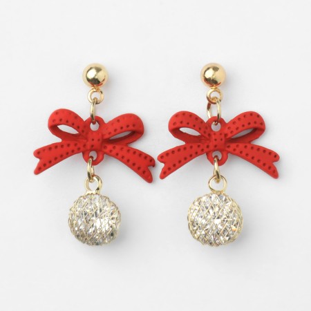 New Year! Earrings "New Year" bow, white-red color in gold-3