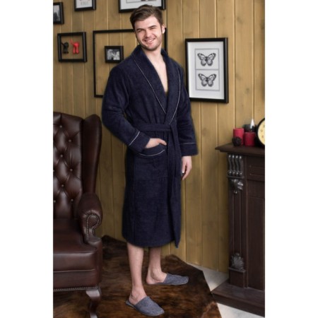 Male dressing gown, shalka+kant, size 70, dark blue color, mahra-3