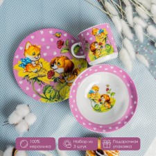 A set of children's utensils from ceramics of the Friendship Dilan, 3 objects: a mug 230 ml, a bowl of 400 ml, a plate d = 18 cm, white color