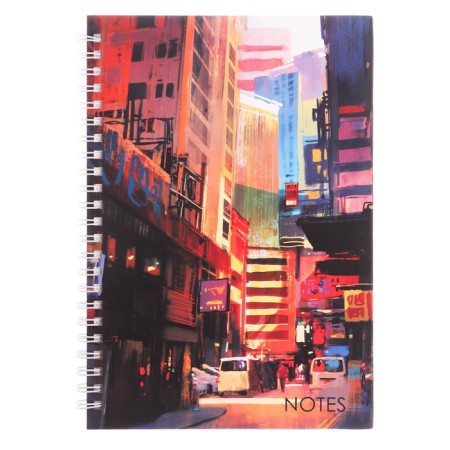 Notebook A5, Bright City, 80 sheets, in a cage on a crest, a solid cover, Soft-Tach lamination, title sheet, internal block 70
