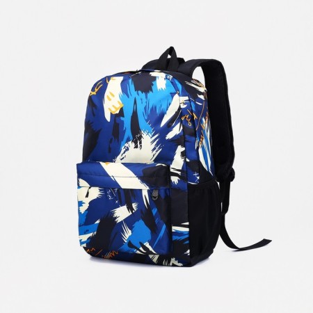 A backpack with a zipper, 3 external pockets, blue/white color-2