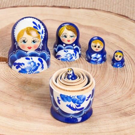 Nesting doll "tray Gzhel", blue dress, 5 puppet, 10 cm-3