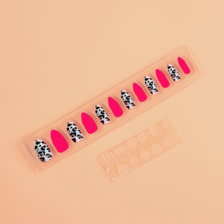 Leo patching nails, 12 pcs, with glue plates, almond shape, black, pink-3