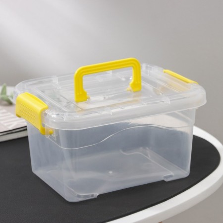The storage container is plastic, 20 × 15 × 11 cm, a cover with a handle on a latch, matte-5