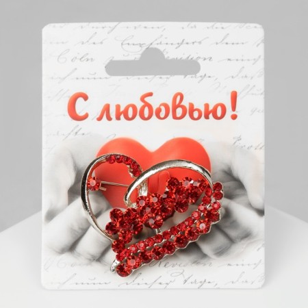 Brooch "Heart" with flowers, red color in gold