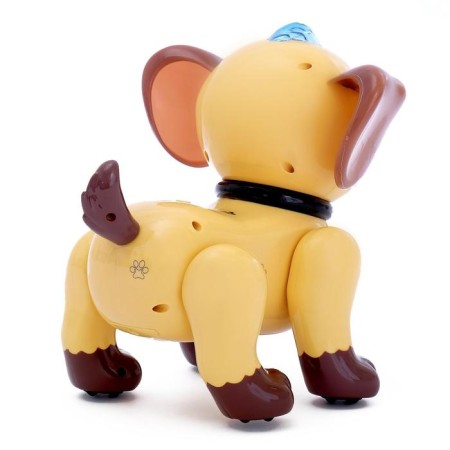 Robot Dog "Smart Petelaz" Zhory, on the control panel, interactive: sound, light, dancing, musical, on batteries, in Russian, beige-brown-1