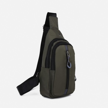 Male sling bag from textiles, headphones, green color