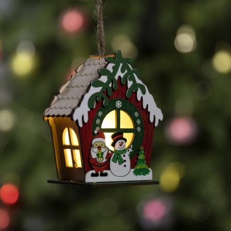 Christmas tree toy "hut with a snowman", from batteries, a glow of warm white