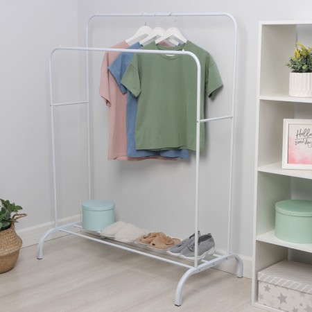 Double -hung -hung -floor metal for clothes, with a shelf, 110 × 62 × 150 cm, white color