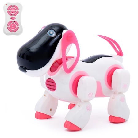 Robot dog “Ki-ki”, programmable, on the control panel, interactive: sound, light, dancing, musical, on batteries, in Russian, pink