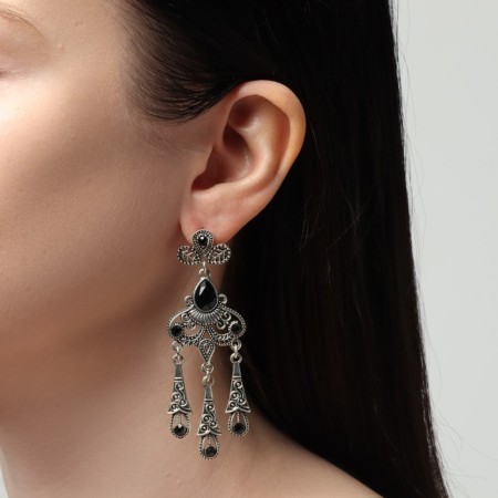 Hanging earrings with “vintage” rhinestones in patterns, black color in black silver, 7.5 cm-3