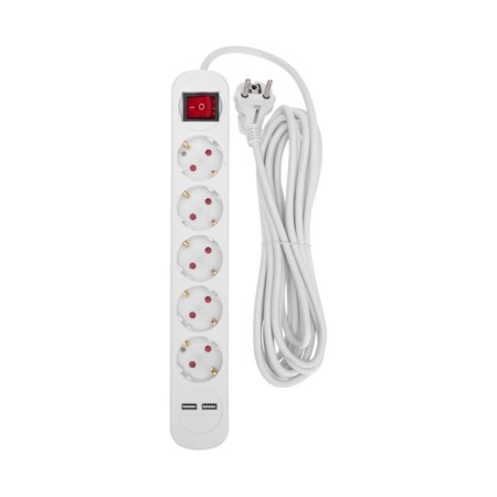 Extension cord Standard 5 nests, 5m, 3x1.0mm², s/s, with a switch, 2 USB, white Rexant