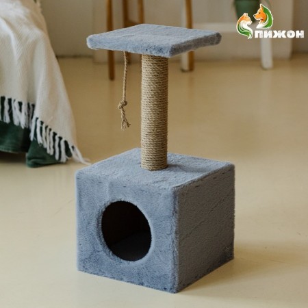 Animal house, with a clawe and shelf, jute, 32 x 32 x 64 cm, gray-3