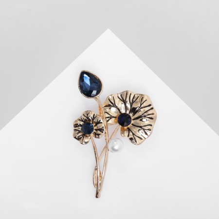 Brooch "Flowers" pearl dew, white-blue color in gold