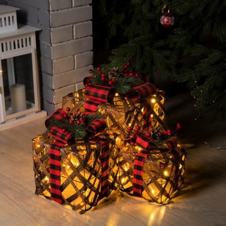 LED figure "Brown wicker gifts" 15, 20, 25 cm, textiles, metal, 220 V, glow warm white-2