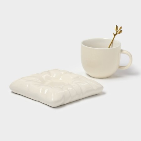 Tea couple ceramic with a spoon "Zephar", 2 items: a cup 250 ml, a saucer d = 13 cm, beige color-4