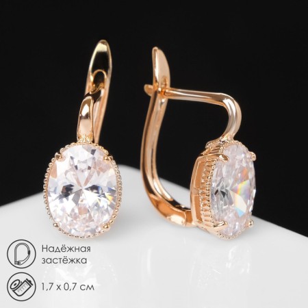Earrings with bloom rhinestones, mini ovals, white color in pink gold