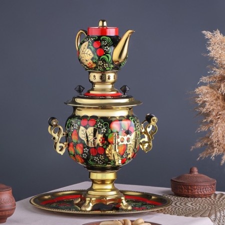 Khokhloma set, oval, 3 objects, samovar 3 l, a teapot 0.7 l, tray