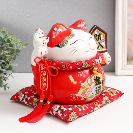 Piggy bank Ceramics "Cat Mani-Neko with wealth tablets" red 15x24x20 cm-1
