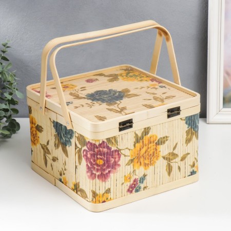 Bamboo box "Garden with peonies" square, with handles 16x24x24 cm-2