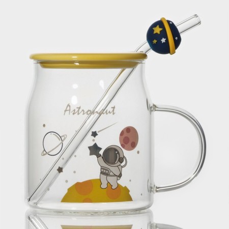 Glass mug with a ceramic lid and tube "Cosmos", 500 ml, color mix