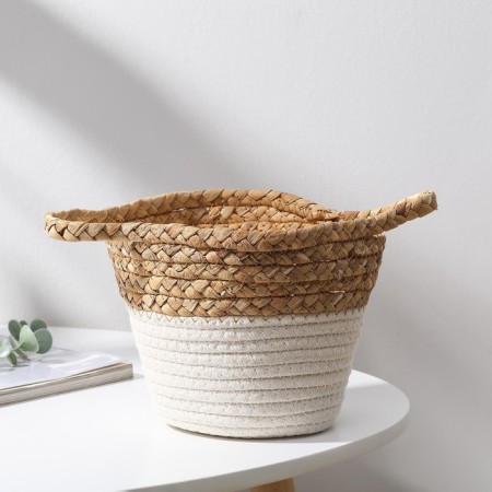 Handmade storage basket, with handles, reeds, cotton, 20 × 20 × 15 cm-2