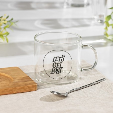Glass mug with a spoon on a wooden stand “Kotik”, 300 ml, Mix drawing-2