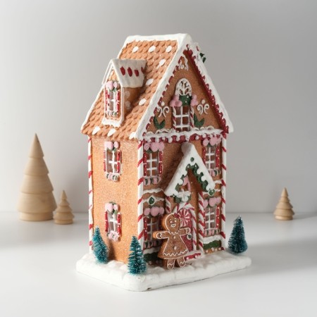 Souvenir Polystone Light "Gingerbread House in the Glaze with Gingerbread, Fir trees" 17x12x25.5 cm-3