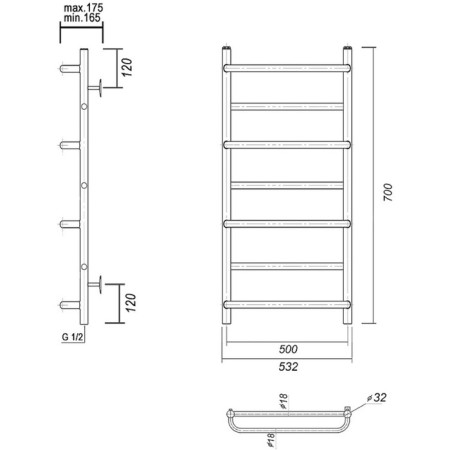 Domoterm water heated towel rail "Orpheus" P7, 500x700 mm, gold-2