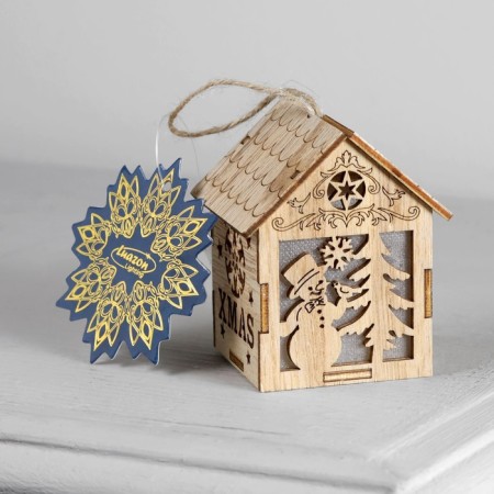 Christmas tree toy "House with a snowman", from batteries, a glow of warm white-3
